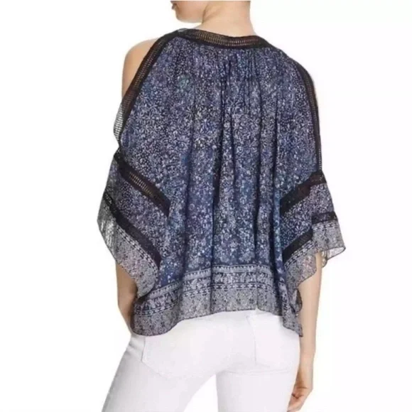 Elie Tahari Silk Cold Shoulder Mika Blouse Blue Floral Metallic NWOT $298 Retail - Picture 2 of 6